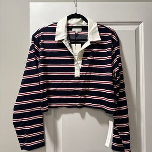 Reformation Navy and Red Striped Polo Shirt